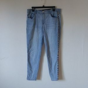 Mom jeans with multi colored embroidery on the sides